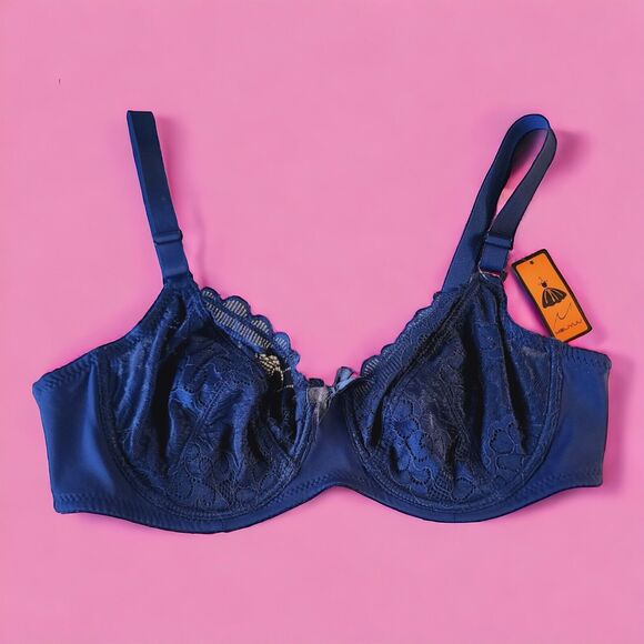 NEW Unpadded Navy Blue Lace Bra 42B Underwire Sexy Lingerie Bralette Underwear - Picture 1 of 7